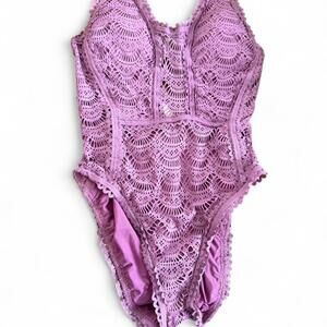 Becca Lilac lace swimsuit with transparent panels on sides and front #swimwear